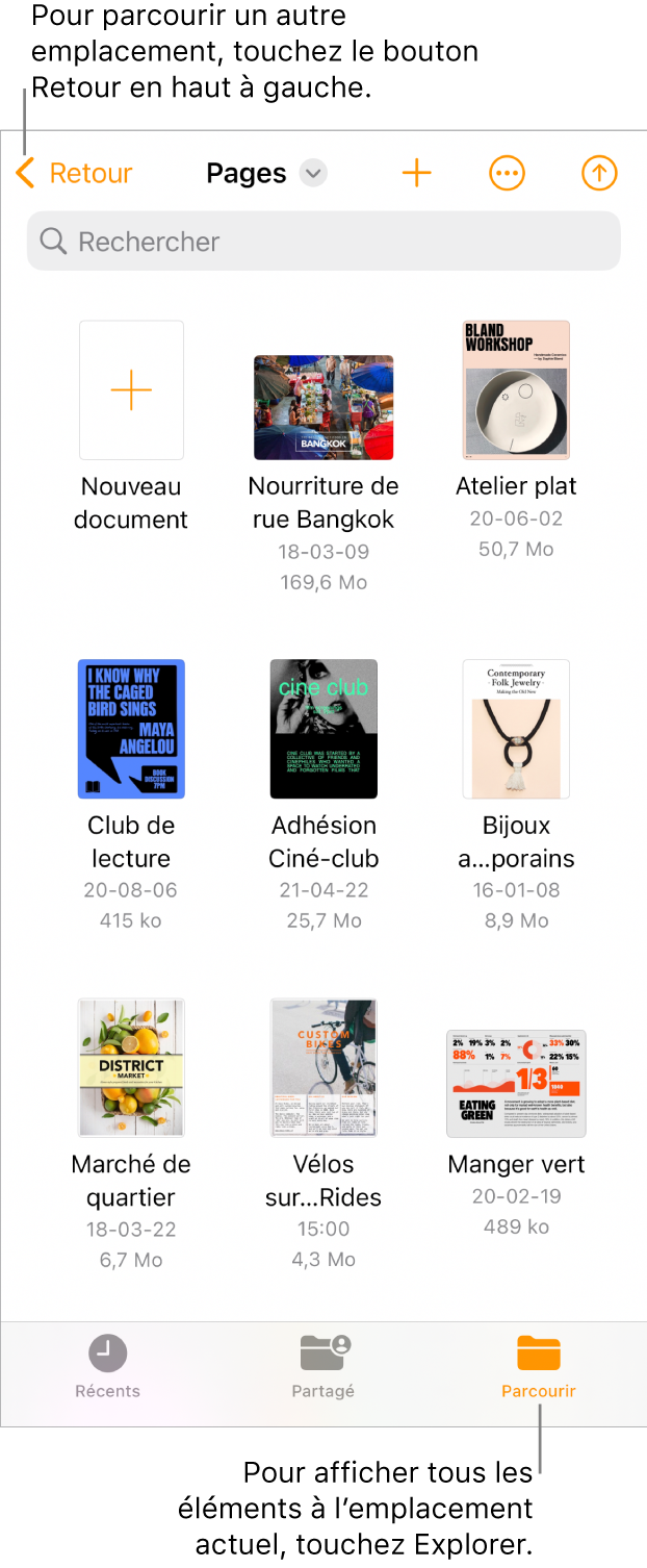 La présentation de navigation du gestionnaire de documents ainsi qu’un lien d’emplacement se trouvent dans le coin supérieur gauche, et un champ de recherche se trouve en dessous. Dans le coin supérieur droit se trouvent les boutons Ajouter un document et Plus. Au bas de l’écran se trouvent les boutons Récents et Parcourir.