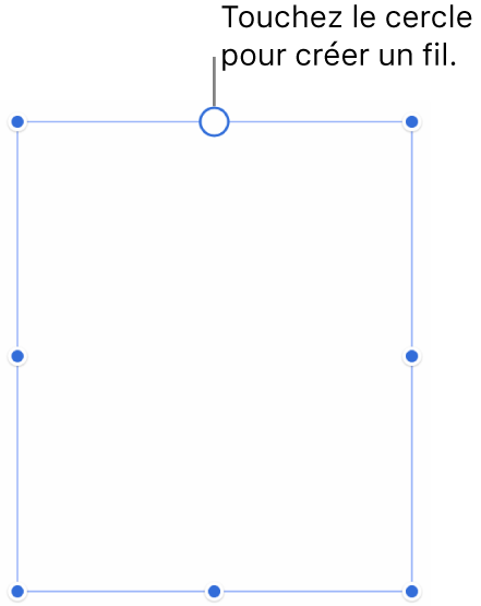 Une zone de texte vide avec un cercle blanc en haut et des poignées de redimensionnement sur les coins, les côtés et en bas.