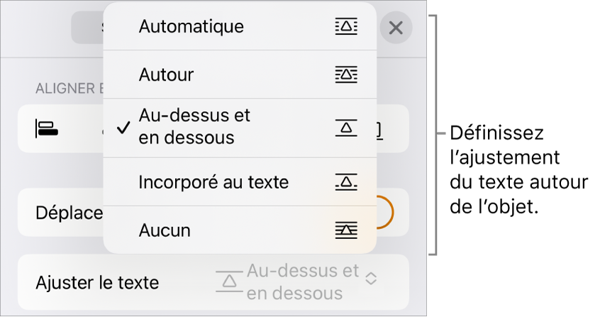 Les commandes « Ajustement du texte » avec des réglages pour Automatique, Autour, Au-dessus et en dessous, Incorporé au texte et Aucun.