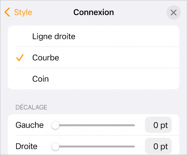 Les commandes Connexion avec l’option Courbe sélectionnée.