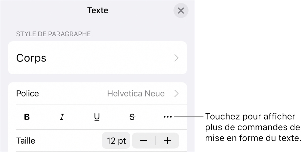 L’onglet Texte des commandes Format, avec une légende vers le bouton « Plus d’options de texte ».