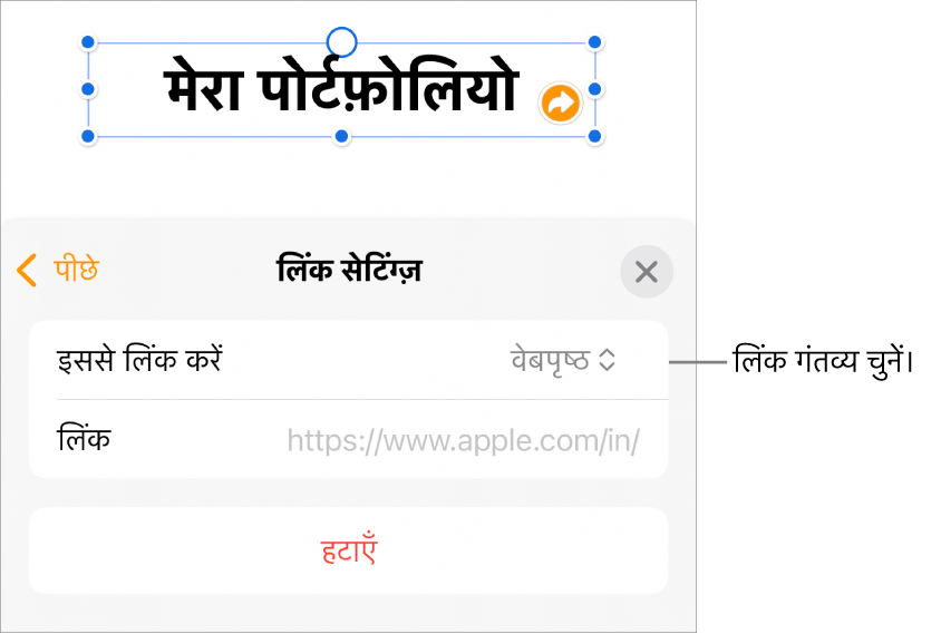 चुने गए वेबपृष्ठ के साथ लिंक सेटिंग्ज़ नियंत्रण और सबसे नीचे “लिंक हटाएँ” बटन।