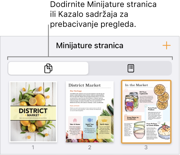 Prikaz minijatura stranica s minijaturnom slikom svake stranice. Tipka Minijature stranica i tipka Kazalo sadržaja na dnu zaslona.