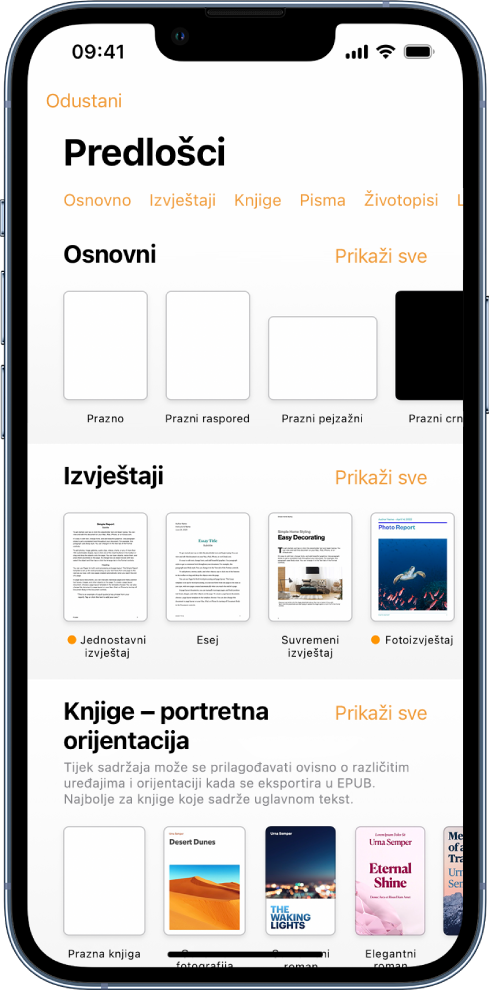 Izbornik predložaka s prikazom retka kategorija preko vrha na koje možete dodirnuti za filtriranje opcija. Ispod su minijature postojećih predložaka organizirane u recima prema kategoriji počevši s kategorijom Novo pri vrhu, a zatim slijede kategorije Nedavne stavke i Osnovno. Tipka Prikaži sve pojavljuje se poviše s desne strane svakog retka kategorije.