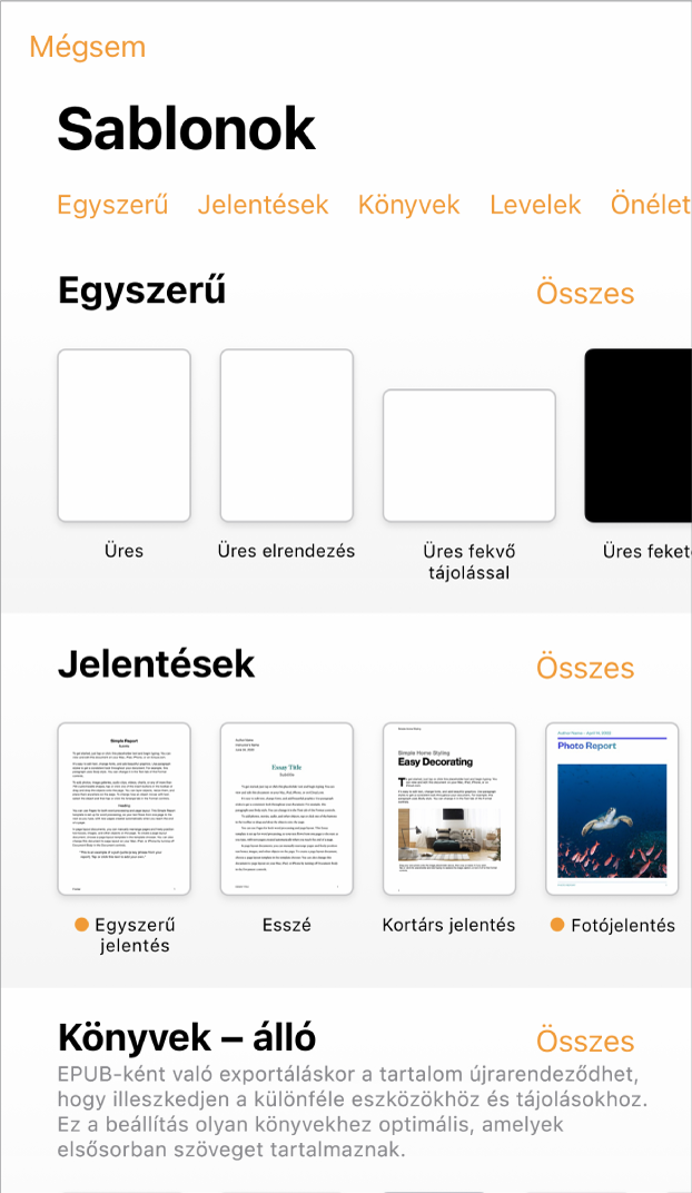 A sablonválasztó, a kategóriák sorával a felső részén, ahonnan a szűrési feltételek választhatók ki. Alatta a kategóriák alapján sorokba rendezett előre elkészített sablonok bélyegképei láthatók. Elsőként az Új kategória látható, melyet az Előzmények és az Egyszerű kategória követ. Minden egyes sor jobb oldalán egy Összes megtekintése gomb látható. A Nyelv és régió gomb a jobb felső sarokban látható.