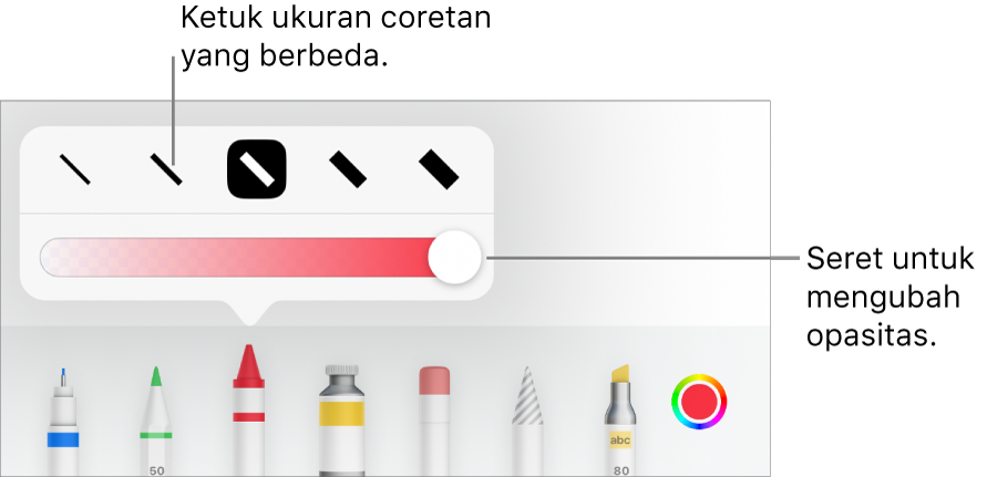Kontrol untuk memilih ukuran coretan dan penggeser untuk menyesuaikan opasitas.