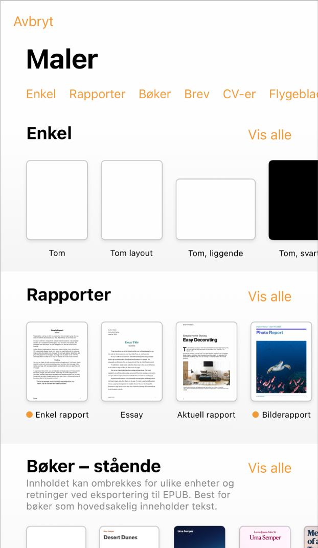 Malvelgeren med en rad med kategorier langs toppen som du kan trykke på for å filtrere alternativene. Nedenfor vises miniatyrbilder av forhåndsdesignede maler arrangert i rader etter kategori, med Ny øverst, etterfulgt av Sist brukte og Enkel. En Vis alle-knapp vises over og til høyre for hver kategorirad.