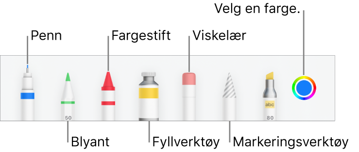 Tegneverktøylinjen i Pages på iPhone med en penn, blyant, fargestift, fyllverktøy, viskelær, markeringsverktøy og fargefelt som viser den gjeldende fargen.