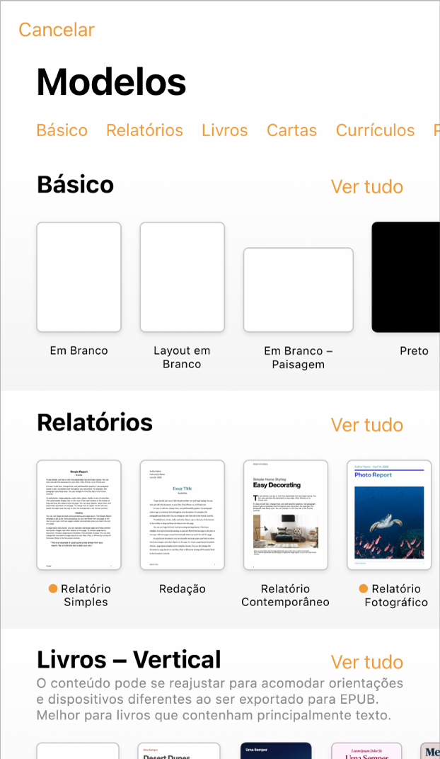 Seletor de modelos, mostrando uma linha de categorias na parte superior na qual você pode tocar para filtrar as opções. Abaixo estão miniaturas de modelos predefinidos organizadas em linhas por categoria, começando com Novo na parte superior e seguidas por Recentes e Básico. O botão Ver Tudo aparece acima e à direita de cada linha de categoria.