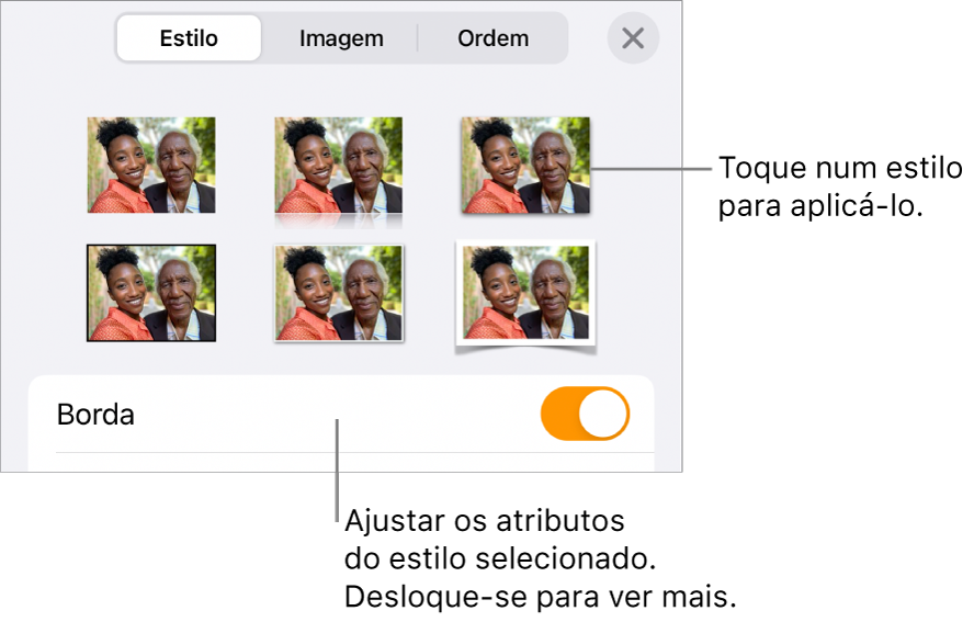 O separador Estilo do menu Formatação com estilos de objeto na parte superior e um controlo por baixo para alterar a borda.