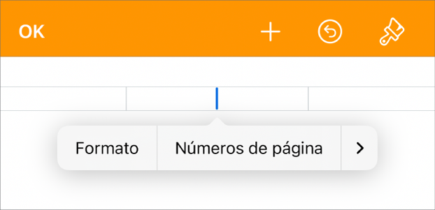 A janela “Configurar documento” com o ponto de inserção num campo de cabeçalho e um menu pop‑up com dois elementos de menu: Números de página e Inserir.
