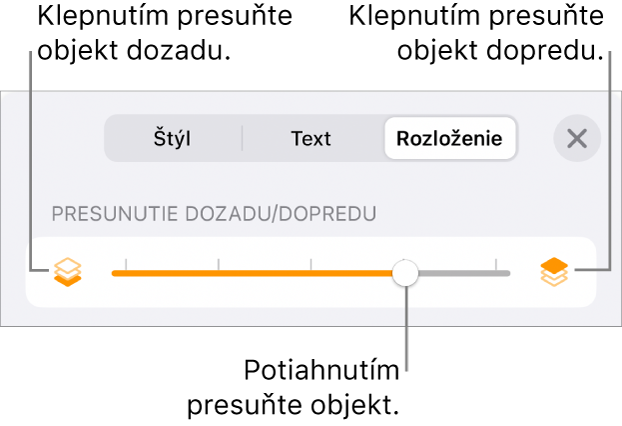 Tlačidlo Presunúť dozadu, tlačidlo Presunúť dopredu a posuvník vrstiev.