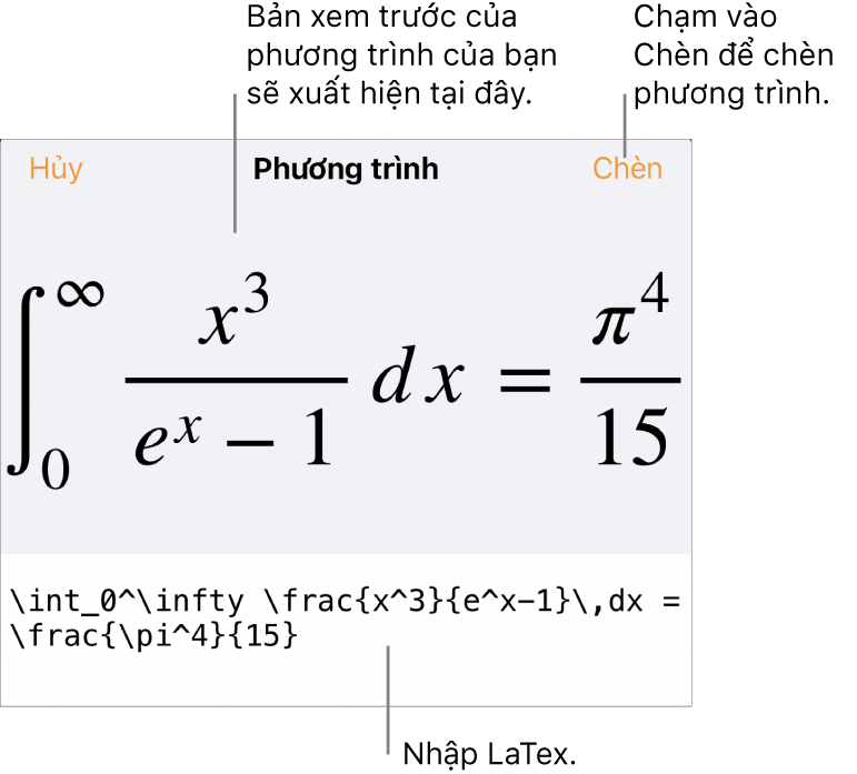 Hộp thoại Phương trình, đang hiển thị phương trình được viết bằng các lệnh LaTex và bản xem trước của công thức ở bên trên.