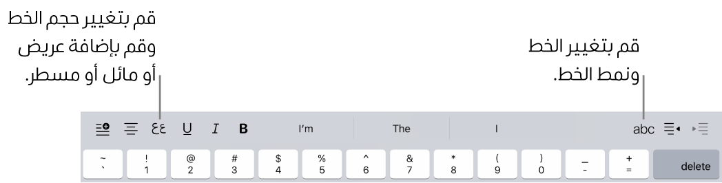 أزرار تنسيق النص الموجودة في أعلى لوحة المفاتيح تبدأ من اليمين بمسافة بادئة والخط وثلاثة حقول نصية متوقعة وحجم الخط والمحاذاة والإدراج.