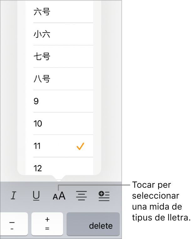 El botó “Mida de lletra” a la part dreta del teclat de l’iPad amb el menú “Mida de lletra” obert. Les mides de lletra estàndard del govern de la Xina continental es mostren a la part superior del menú amb les mides en punts a sota.