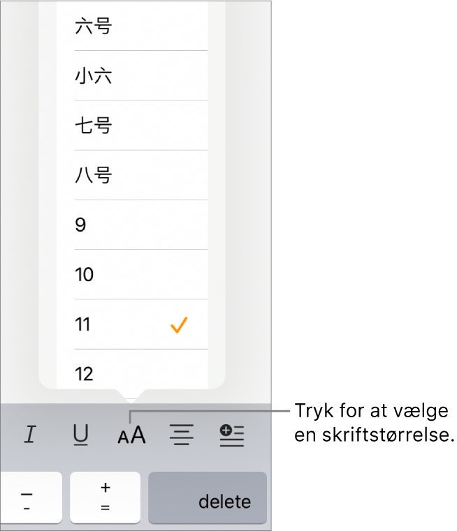 Knappen Skriftstørrelse i højre side af tastaturet på iPad og menuen Skriftstørrelse. De standardskriftstørrelser, der er fastlagt af regeringen i Kina, fastlandet, vises øverst på menuen efterfulgt af punktstørrelserne.
