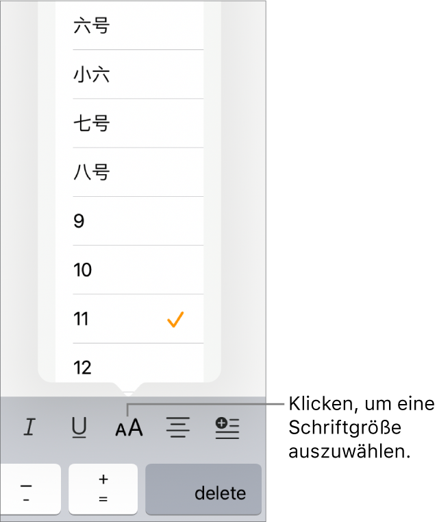 Die Taste für die Schriftgröße auf der rechten Seite der iPad-Tastatur mit dem geöffneten Einblendmenü „Schriftgröße“. Die chinesischen Standardschriftgrößen (China, Festland) werden oben im Menü angezeigt, die Punktgrößen befinden sich darunter.