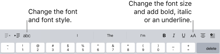 The text formatting buttons above the keyboard, starting on the left with indent, font, three predictive text fields, font size, alignment and insert.