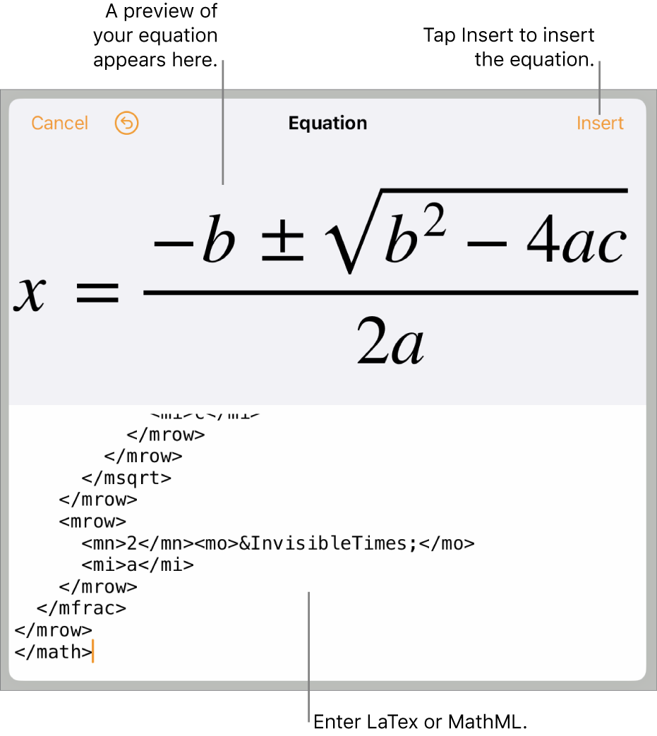 The Equation dialogue, showing an equation written using MathML commands, and a preview of the formula above.