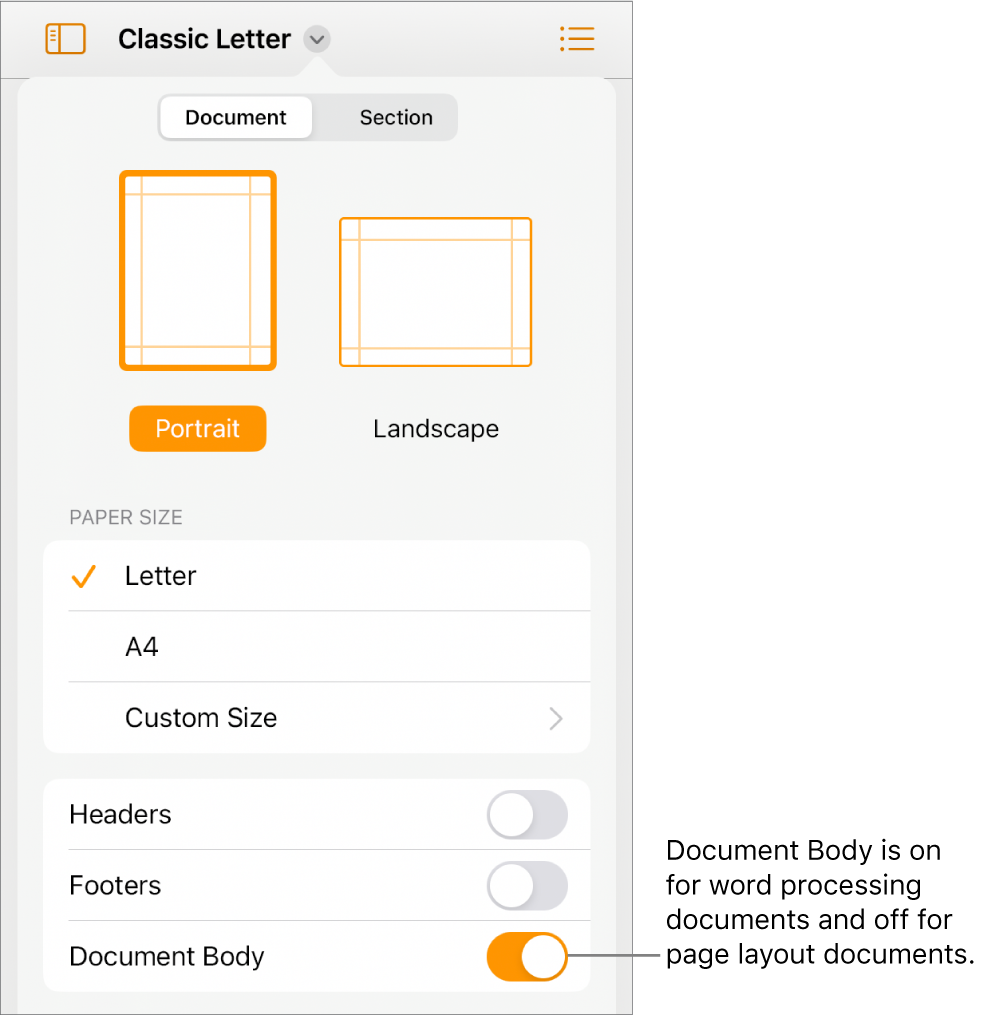 The Document format controls with Document Body turned on near the bottom of the screen.