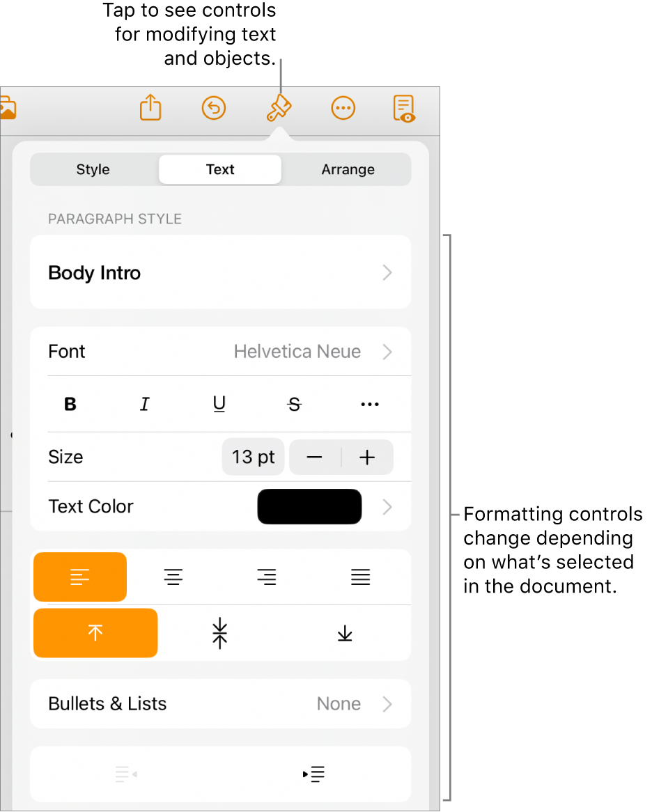 The Format controls open and showing controls to change paragraph style, modify fonts, and format font spacing. Callouts at the top point out the Format button in the toolbar and to its right, the Insert button to add objects to the page.