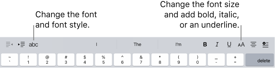 The text formatting buttons above the keyboard, starting on the left with indent, font, three predictive text fields, font size, alignment, and insert.