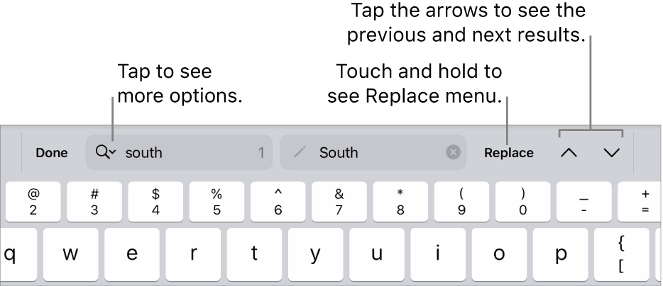 The Find & Replace controls above the keyboard with callouts to the Search Options, Replace, Go Up, and Go Down buttons.