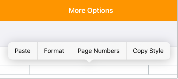 Three header fields with the insertion point in the center one and a pop-up menu showing Page Numbers.