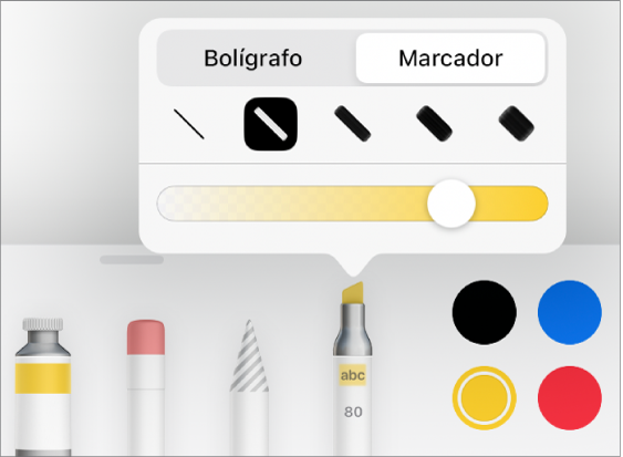 El menú de la herramienta de anotación inteligente con los botones Bolígrafo y Marcador, opciones de ancho de línea y el regulador de opacidad.