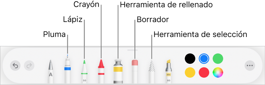 La barra de herramientas de dibujo en Pages en el iPad con un bolígrafo, un lápiz, un crayón, la herramienta de relleno, el borrador, la herramienta de selección y la paleta de colores mostrando el color actual.