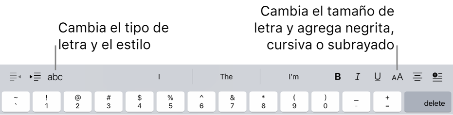 Los botones de formato de texto arriba del teclado, de izquierda a derecha: sangría, tipo de letra, tres campos de texto predictivo, tamaño de letra, alineación e inserción.