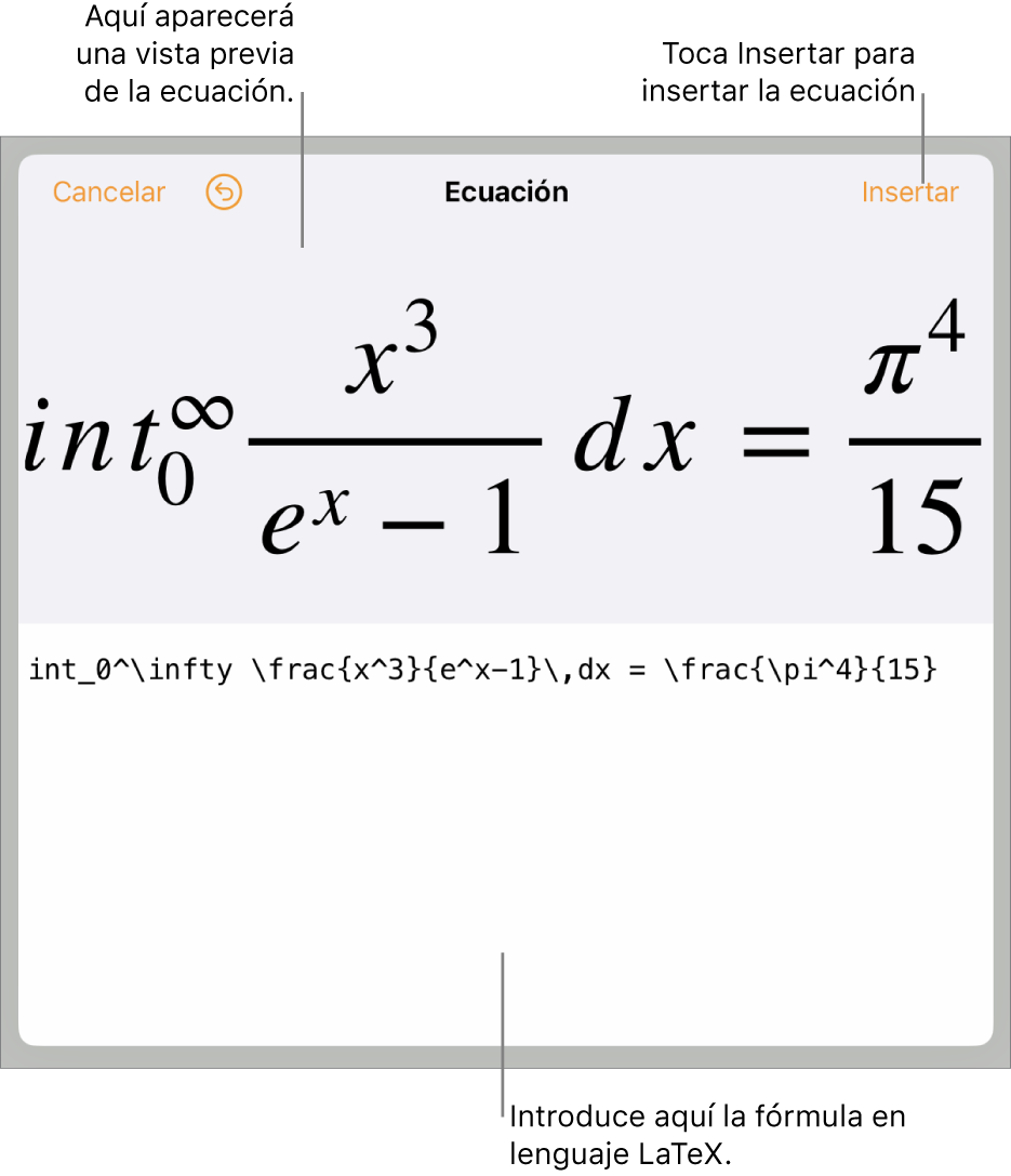 El diálogo Ecuación con una ecuación escrita con comandos de LaTeX y una previsualización de la fórmula encima.