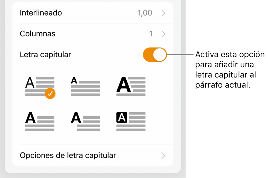 Los controles de “Letra capitular” situados en la parte inferior del menú Texto.