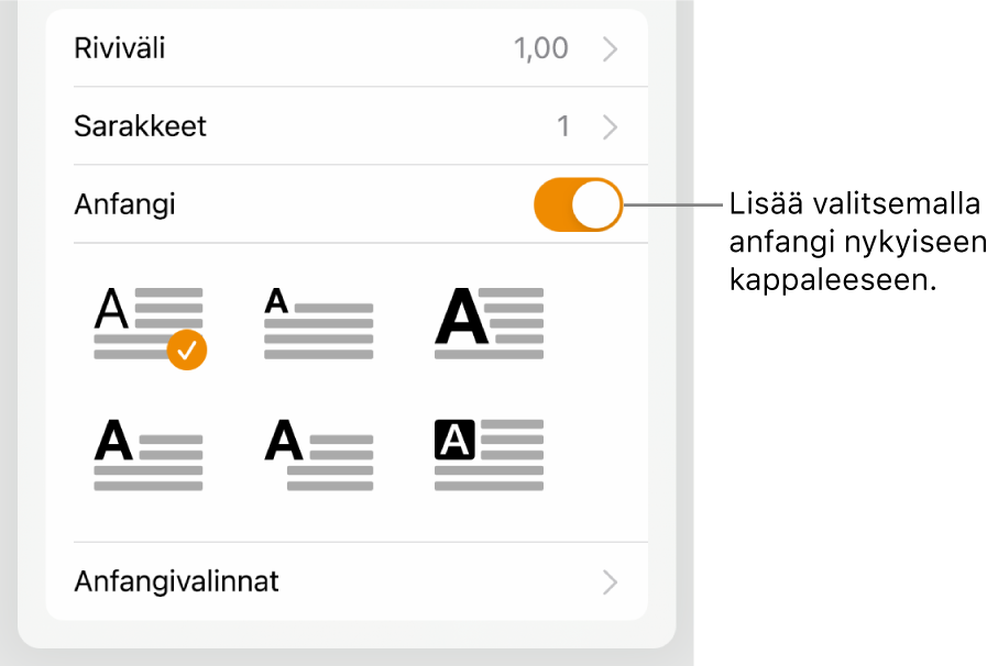 Anfangi-säätimet ovat Teksti-valikon alareunassa.