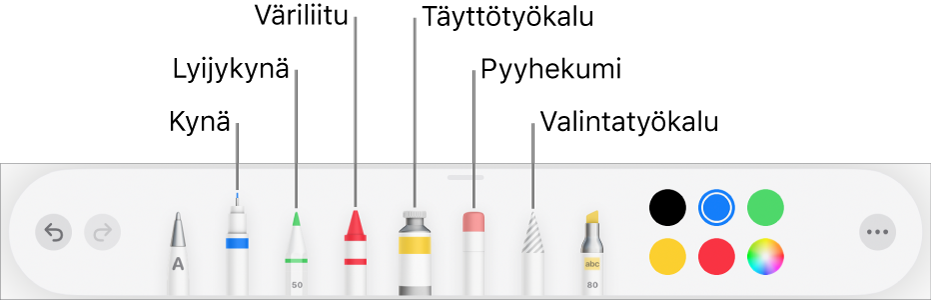 iPadin Pagesin piirrostyökalupalkki mukaan lukien kynä, lyijykynä, väriliitu, täyttötyökalu, pyyhekumi, valintatyökalu ja värivalitsin, jossa näkyy nykyinen väri.