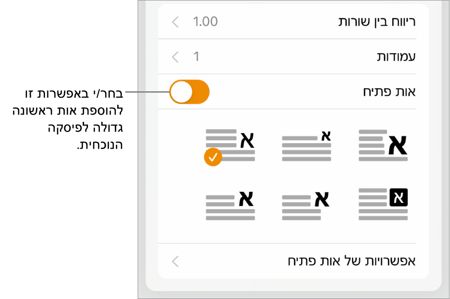 כלי הבקרה של ״אות פתיח״ נמצאים בתחתית התפריט ״מלל״.