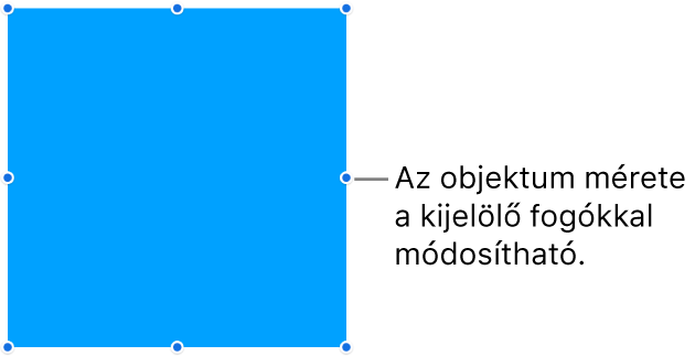 Egy objektum és a szegélyén lévő kék pontok, amelyekkel az objektum mérete módosítható.