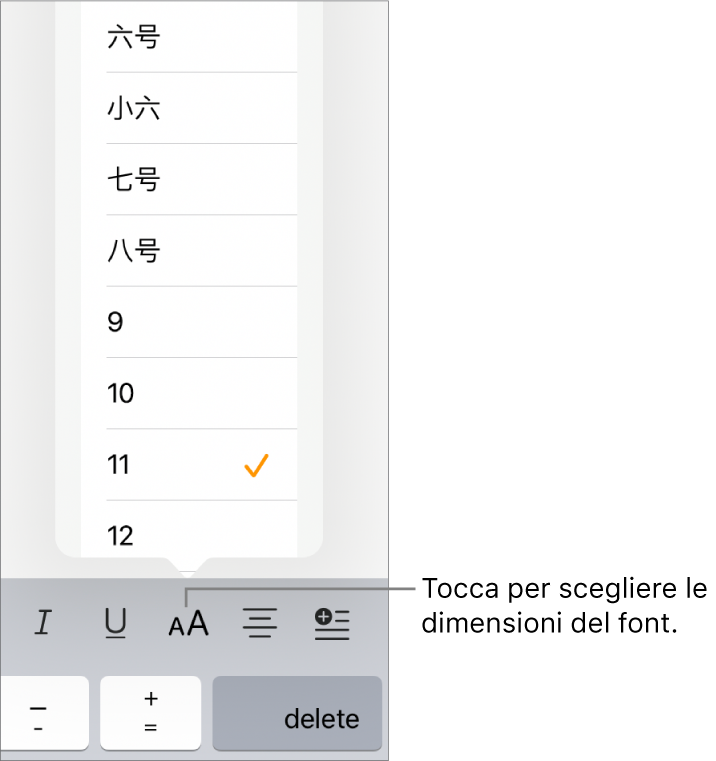 Il pulsante “Dimensione font” sul lato destro della tastiera di iPad, con il menu “Dimensione font” aperto. Le dimensioni del font standard governative della Cina continentale vengono visualizzate nella parte superiore del menu, con sotto le dimensioni in punti.