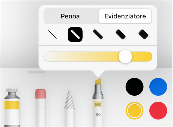 Menu degli strumenti per le note smart con i pulsanti per la penna e l’evidenziatore, le opzioni per lo spessore della linea e il cursore per l’opacità.