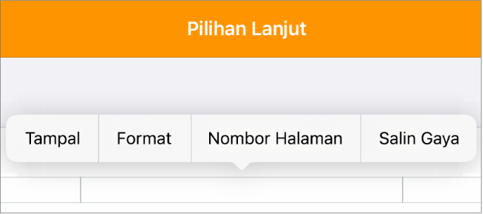 Tiga medan pengepala dengan titik sisipan di medan tengah dan menu timbul menunjukkan Nombor Halaman.