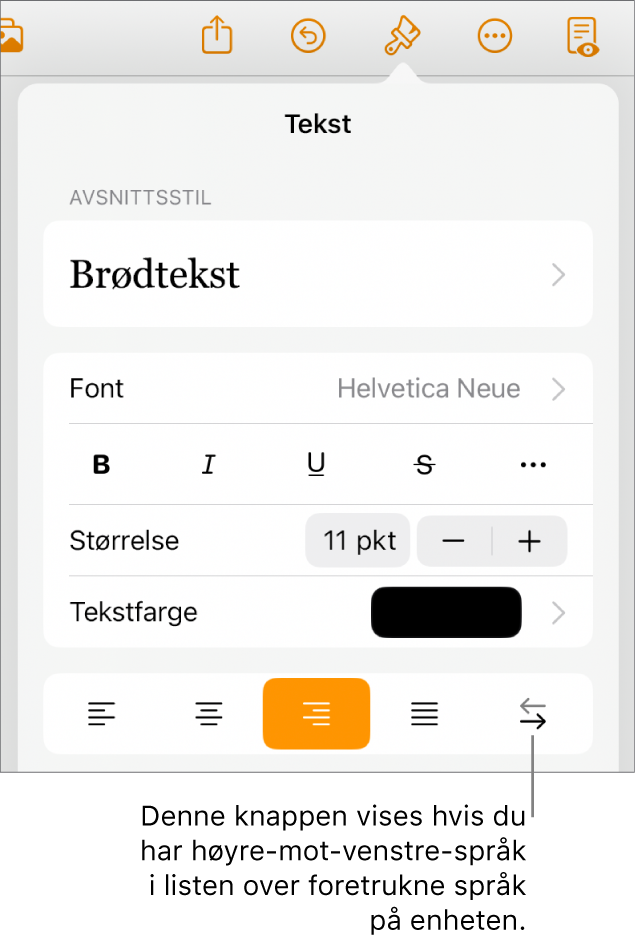Tekstkontroller i Format-menyen med en bildeforklaring som peker på Høyre til venstre-knappen.
