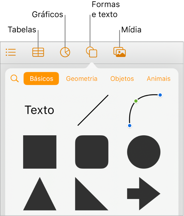 Os botões de objeto na parte superior do menu Inserir Objeto.