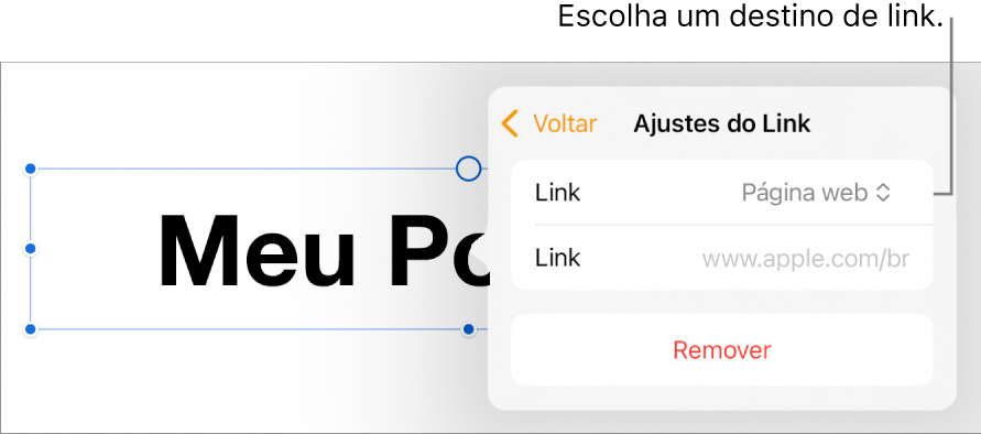 Controles de “Ajustes do Link” com Página Web selecionado e o botão Remover na parte inferior.