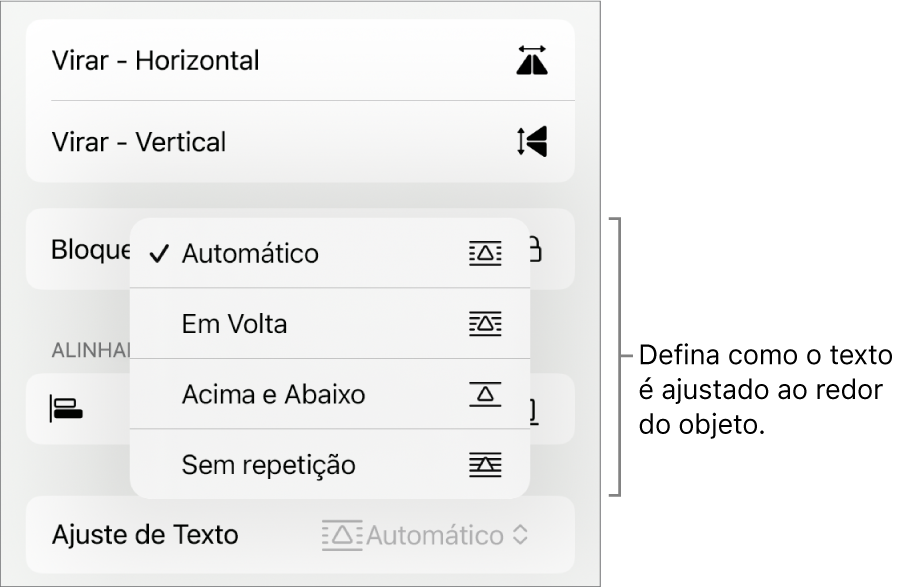 Controles Formatar com a aba Organizar selecionada. Abaixo estão controles de “Ajuste de Texto”, com “Mover para Trás/Frente”, “Mover com Texto” e “Ajuste de Texto”.