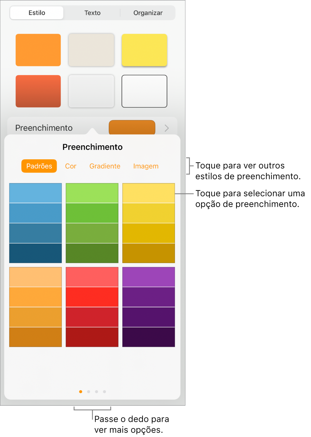 Opções de preenchimento na aba Estilo do botão Formatar.