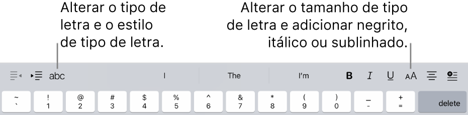 Os botões de formatação do texto acima do teclado, a partir da esquerda com a indentação, tipo de letra, três campos de texto preditivos, tamanho do tipo de letra, alinhamento e inserir.