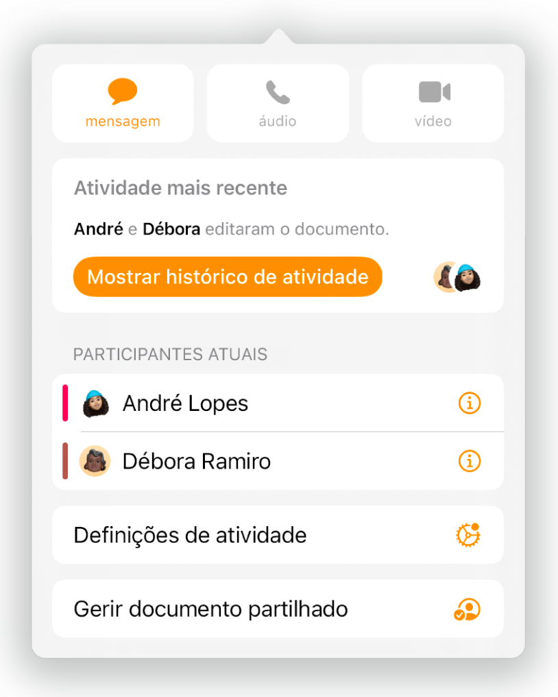 O menu colaboração a apresentar os nomes das pessoas que estão a colaborar no documento.