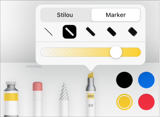 Meniul de instrumente Adnotare inteligentă, cu butoanele stilou și marker, opțiunile pentru lățimea liniei și glisorul pentru opacitate.
