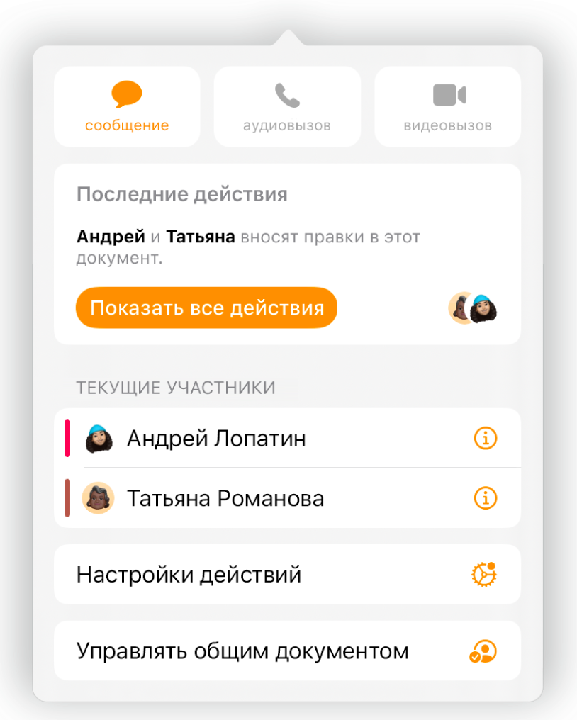Меню совместной работы, в котором показаны имена людей, совместно работающих над документом.
