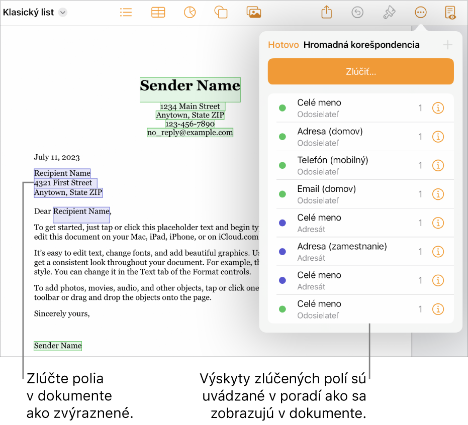 Dokument v Pages so zlučovacími poliami pre príjemcu a odosielateľa a zoznam inštancií zlučovacích polí viditeľný v postrannom paneli Dokument.